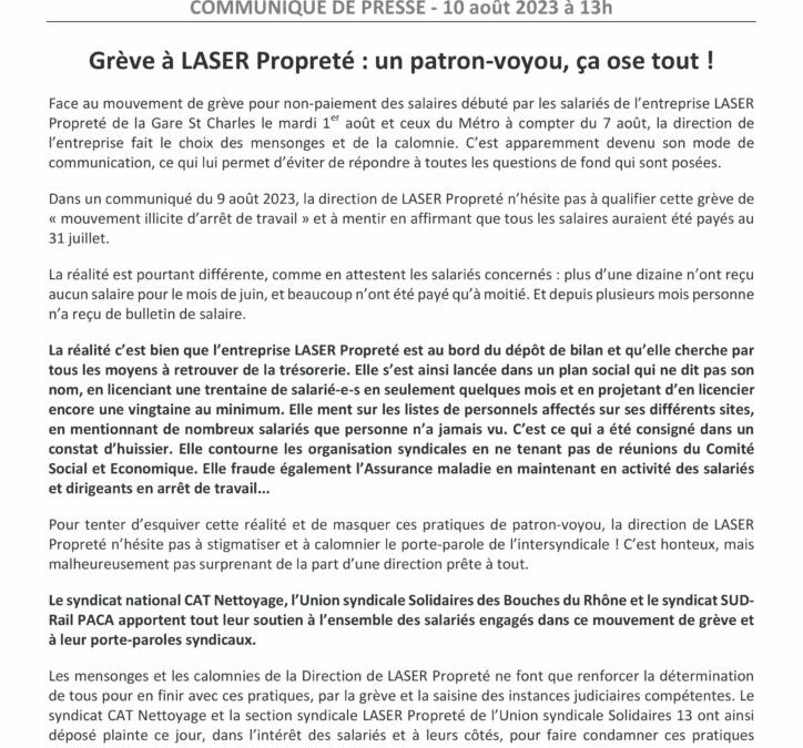 GREVE CHEZ LASER PROPRETE A MARSEILLE : LA CAT DANS L’ACTION